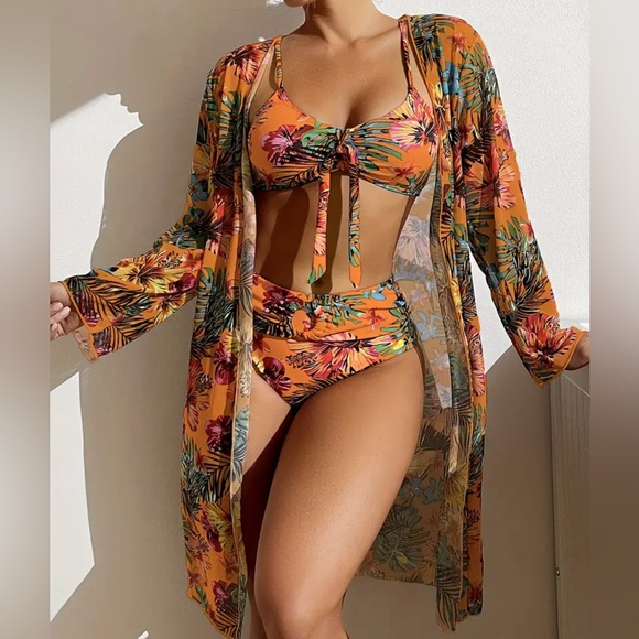Orange Tropical Bikini & Cover Up Print High Stretch 3 Piece